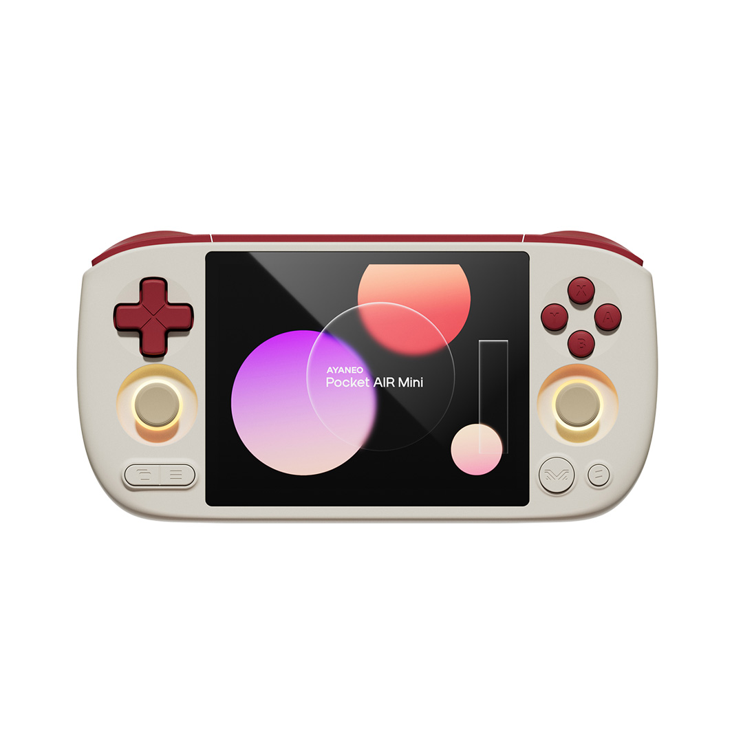 Promotional picture of a retro white AYANEO Pocket AIR Mini