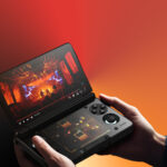 Promotional background of AYN Thor showcasing its dual screen features