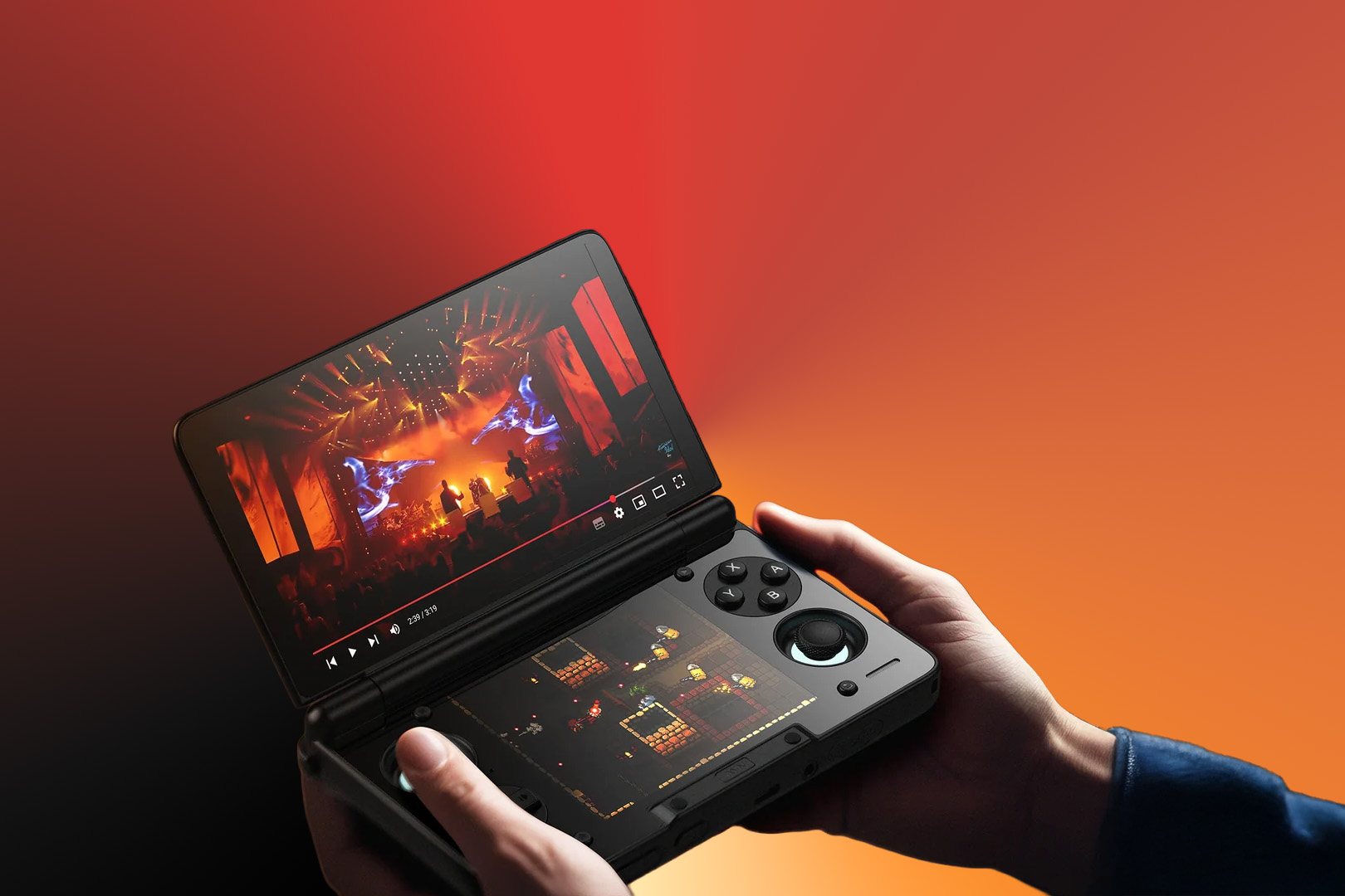 Promotional background of AYN Thor showcasing its dual screen features