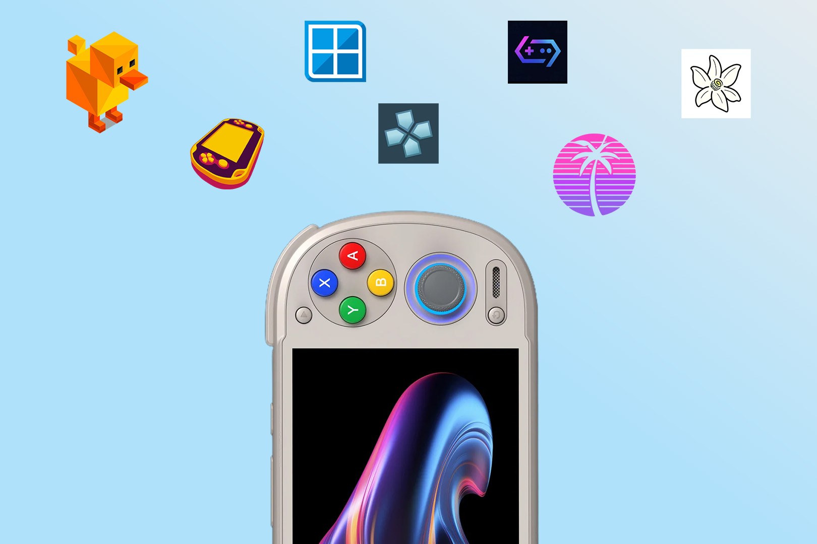 Retroid Pocket 6 on a blue background featuring various retro handheld software applications