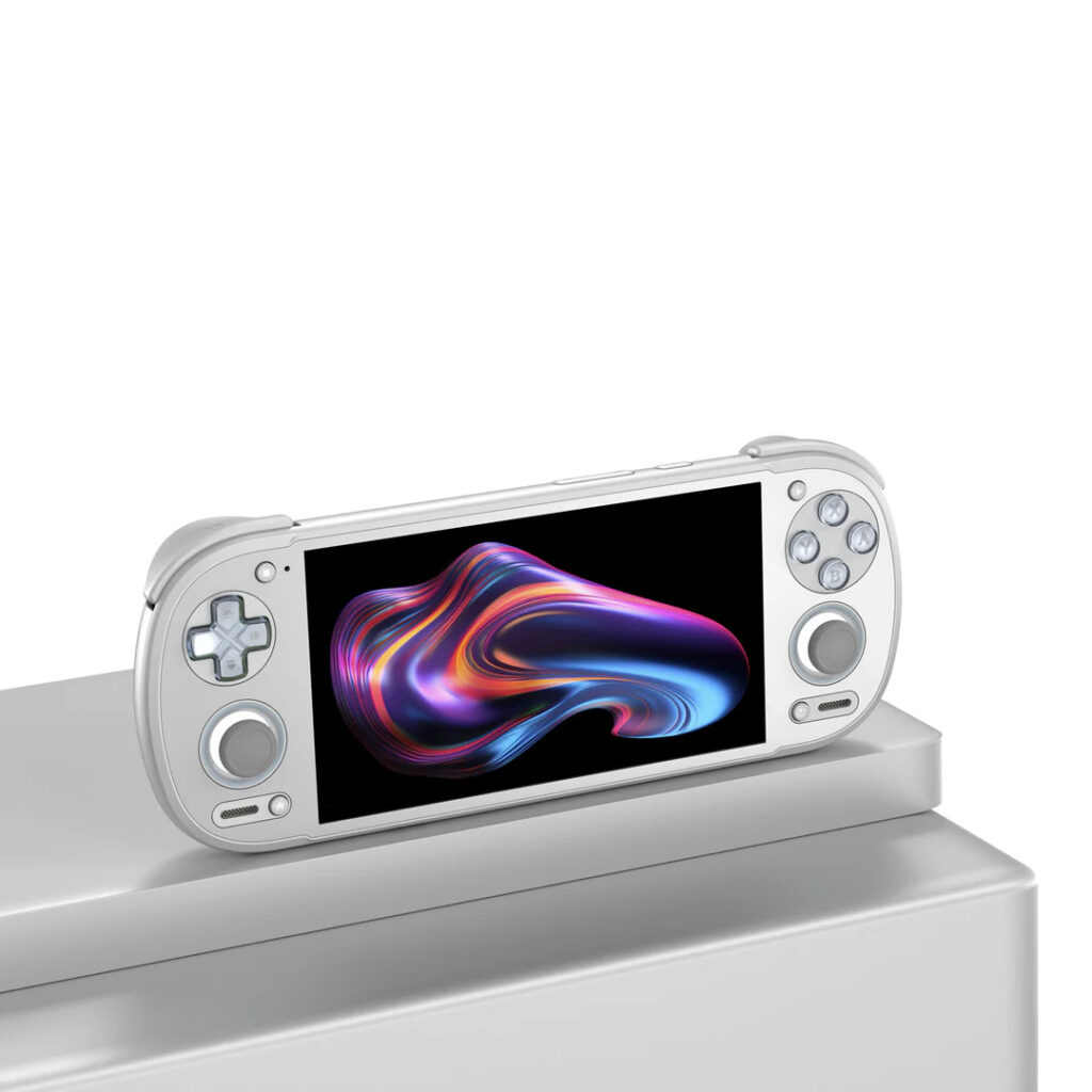 Promotional picture of a silver Retroid Pocket 6 on a white background