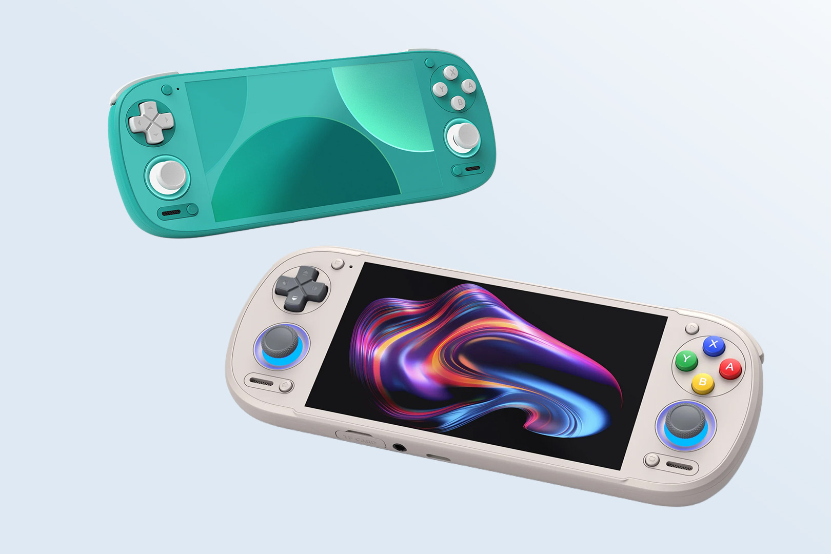 Promotional image of a Retroid Pocket 6 and a Retroid Pocket G2