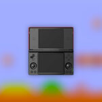 The Anbernic RG DS on a blurred nostalgic 8-bit background