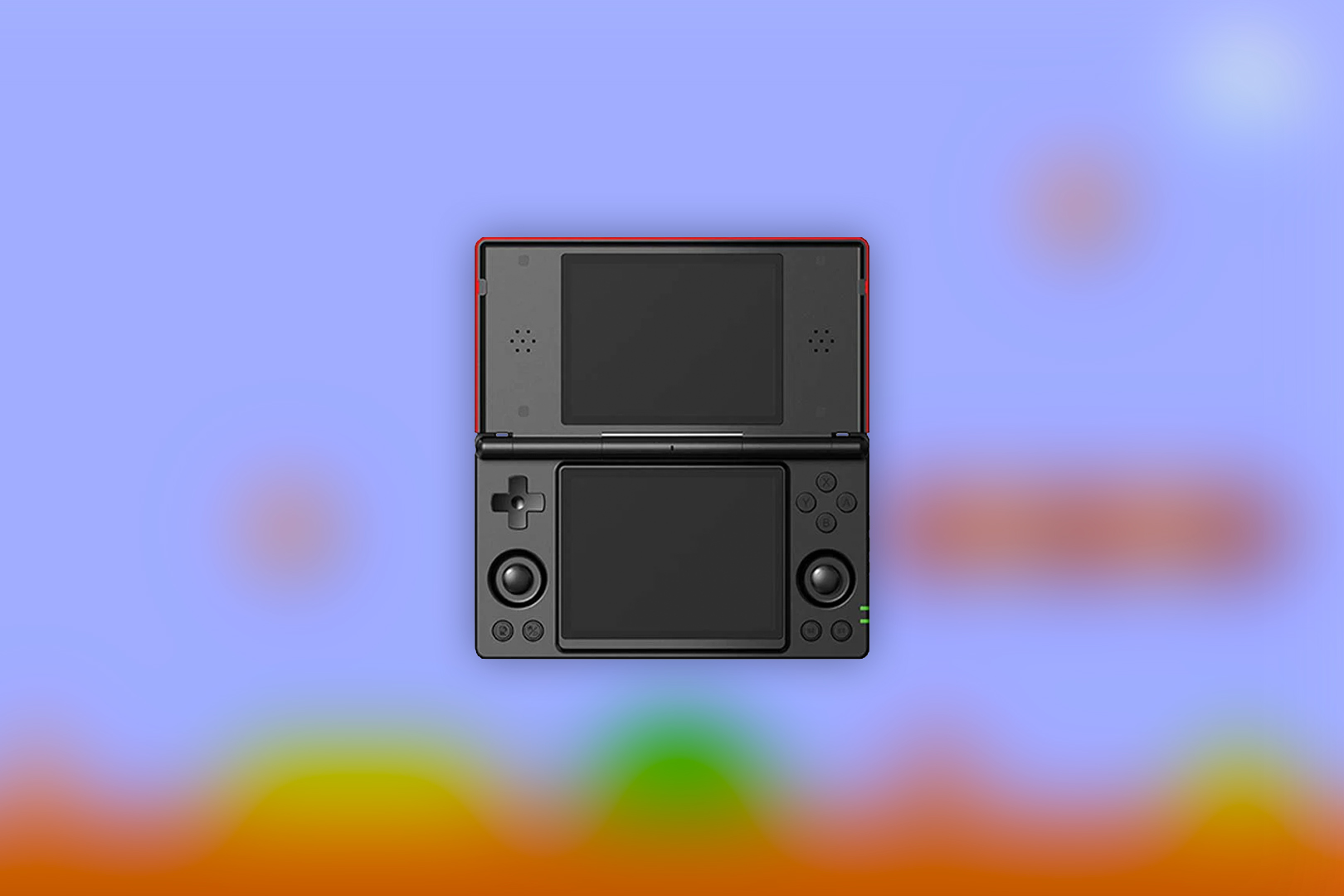 The Anbernic RG DS on a blurred nostalgic 8-bit background