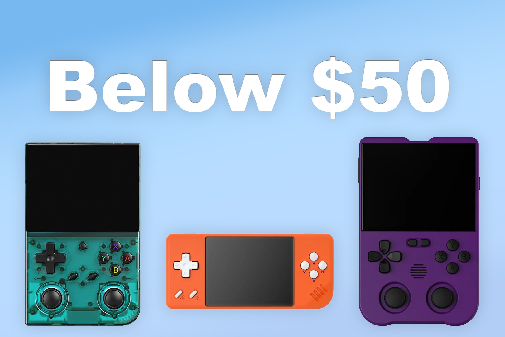 The Anbernic RG35XXPro, Anbernic RG28XX, and the MagicX XU10 retro handhelds. Sitting below the text "Below $50"
