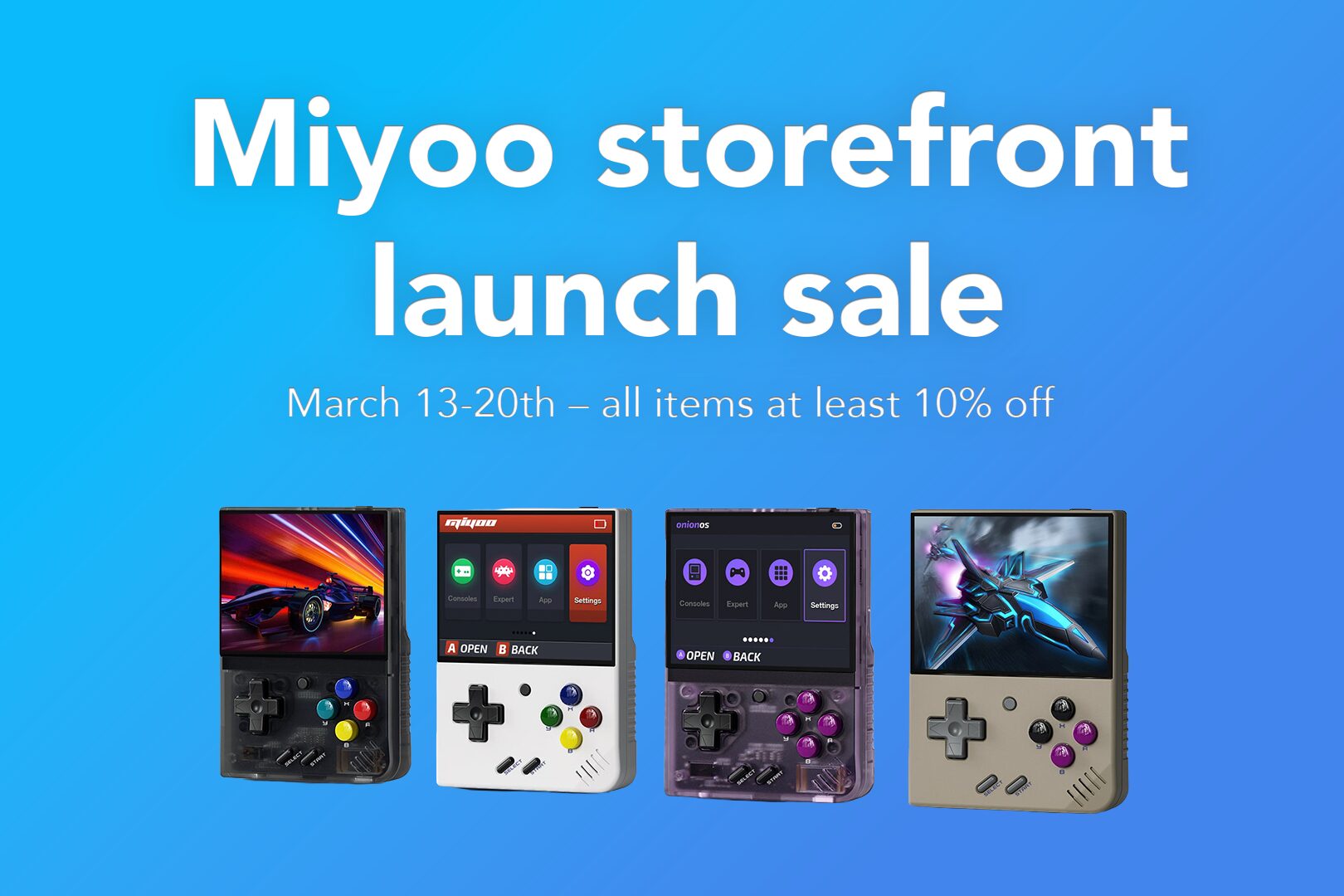 Promotional image detailing the Miyoo storefront launch sale taking place between march 13-20th.