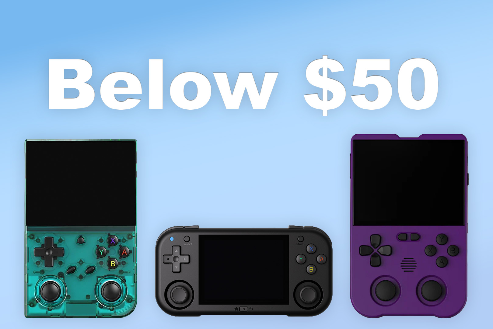 The Anbernic RG35XXPro, MagicX Zero 28 V2, and the MagicX XU10 retro handhelds. Sitting below the text "Below $50"