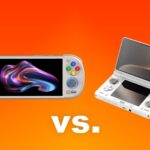 A Retroid Pocket 6 retro handheld and an AYN Thor handheld side by side with the letters "vs." below