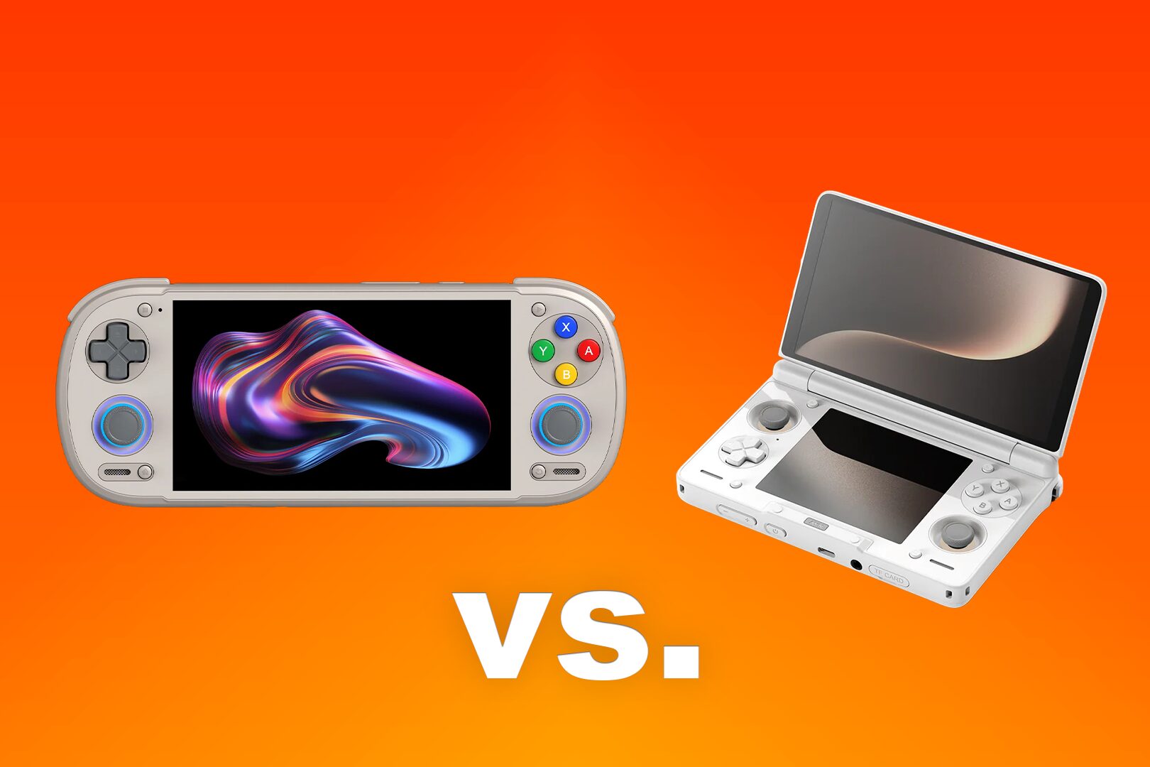 A Retroid Pocket 6 retro handheld and an AYN Thor handheld side by side with the letters "vs." below