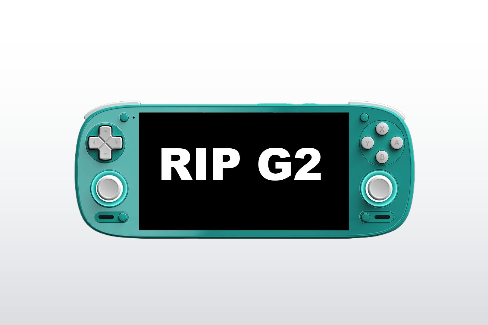 A Retroid Pocket G2 on a bright background with the text "RIP G2" displayed on the screen