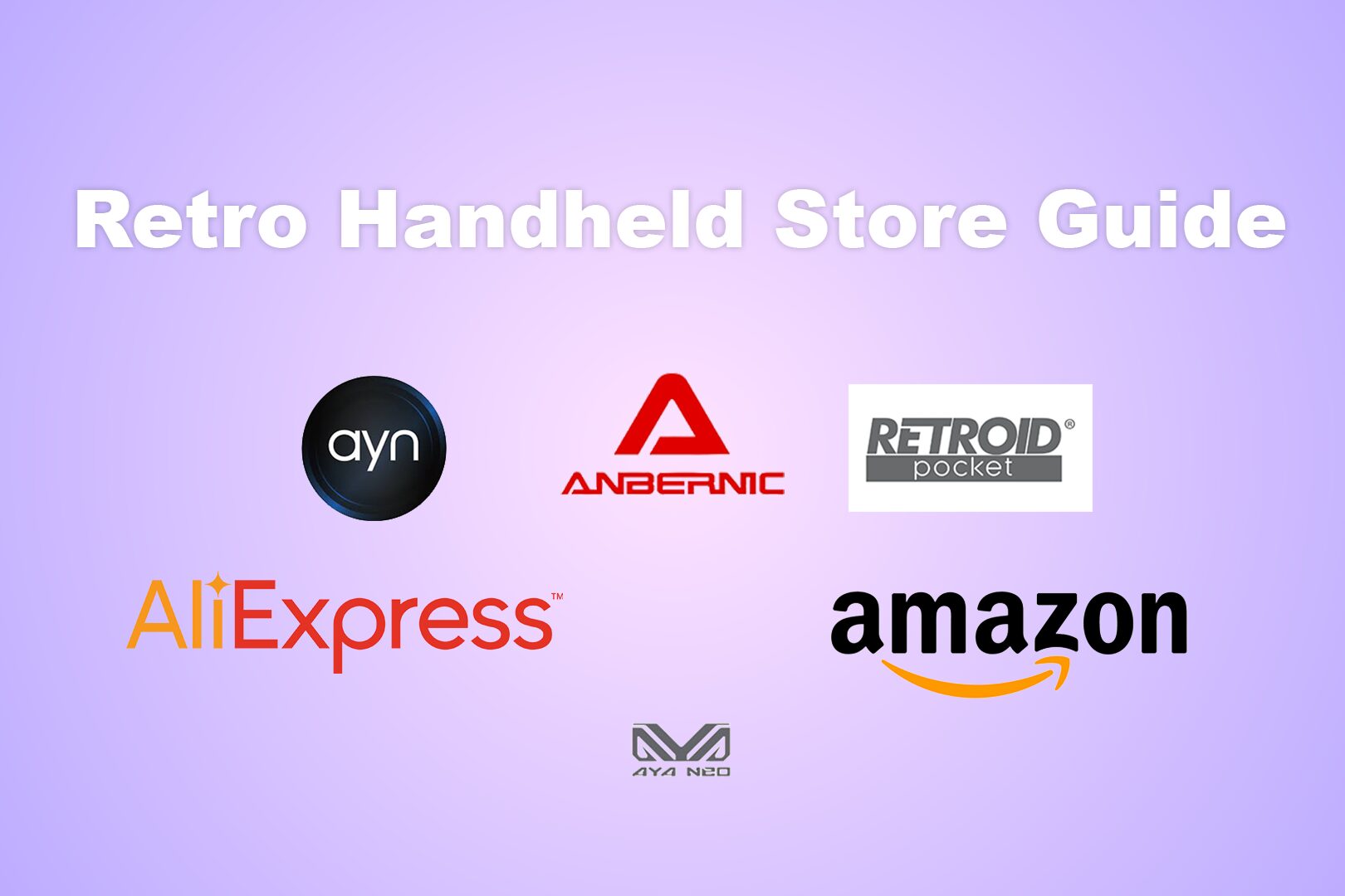 Article banner with the text "Retro Handheld Store Guide" featuring logos from handheld manufacturers AYN, Ayaneo, Retroid and Anbernic. As well as AliExpress and Amazon.