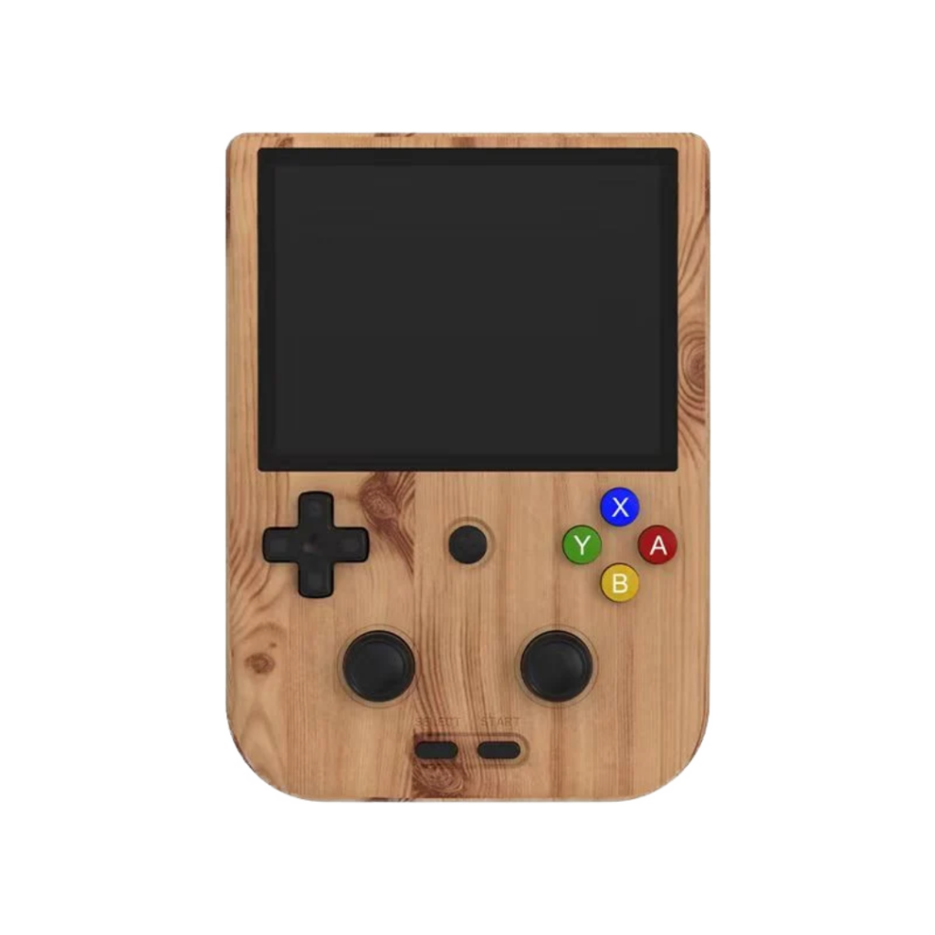 Anbernic RG405V vertical retro handheld console with wood grain finish